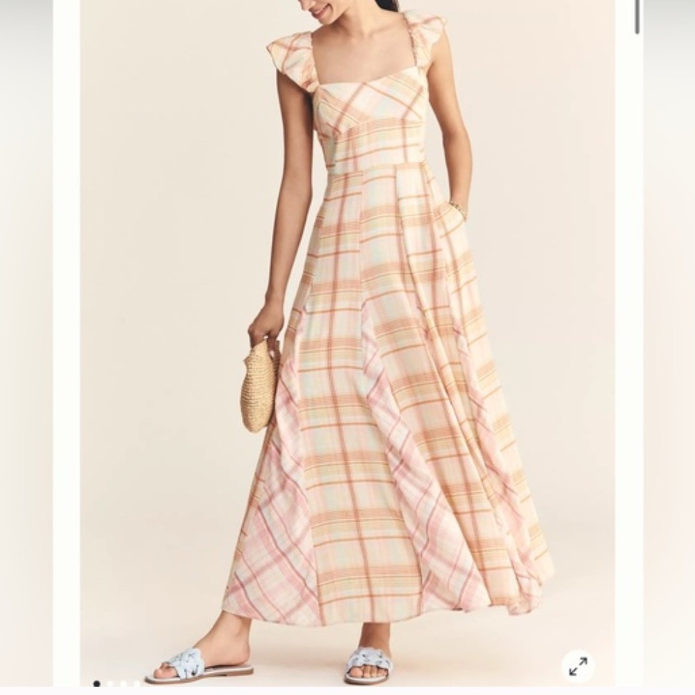 Maeve Linen Blend Flutter-Sleeve A-line Midi Dress NWT